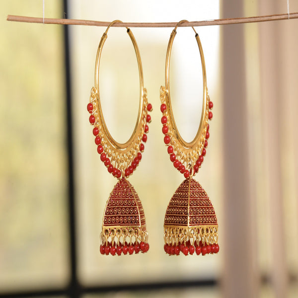 Red Hoop Earrings With Jhumki