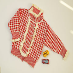 Full Sleeves Plaid Knitted Flutter Mock Neck Top With Knitted Pant From 1-6 Years