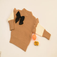 Full Sleeves Drop Shoulder Bow Attached Knitted Sweater With Flare Pant From 1-6 Years