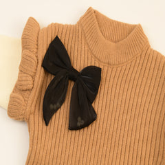 Full Sleeves Drop Shoulder Bow Attached Knitted Sweater With Flare Pant From 1-6 Years