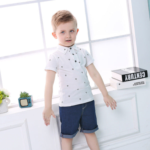 White Half Sleeves Sailor Pattern Polo T-Shirt & Blue Shorts Set From 2-8 Years