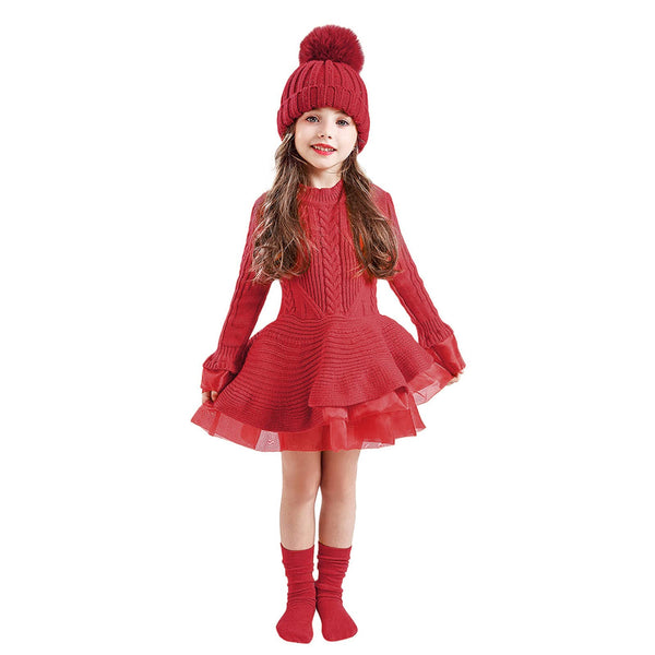 Full Sleeves Crochet Net Fit and Flare Knitted Dress From 2-7 Years