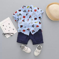 Cartoon Print Front Button Half Sleeves Shirt With Shorts From 9 Months-4 Years