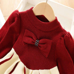 Long Fluffy Sleeves Bow Applique A-Line Elegant Princess Knitted Tutu Dress From 1-6 Years