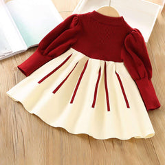 Long Fluffy Sleeves Bow Applique A-Line Elegant Princess Knitted Tutu Dress From 1-6 Years