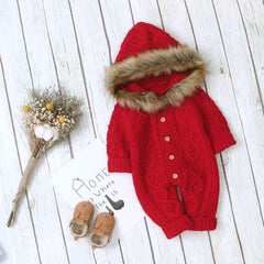 Full Sleeves Knitted Faux Fur Hooded Collar Winter Jumpsuit From 3 Months - 2 Years