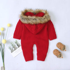 Full Sleeves Knitted Faux Fur Hooded Collar Winter Jumpsuit From 3 Months - 2 Years