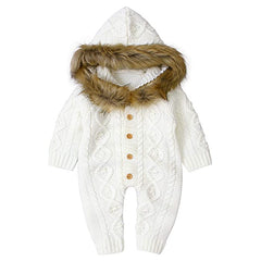 Full Sleeves Knitted Faux Fur Hooded Collar Winter Jumpsuit From 3 Months - 2 Years