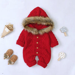 Full Sleeves Knitted Faux Fur Hooded Collar Winter Jumpsuit From 3 Months - 2 Years