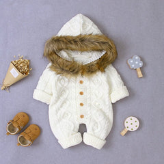 Full Sleeves Knitted Faux Fur Hooded Collar Winter Jumpsuit From 3 Months - 2 Years