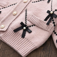 Long Sleeves Fall Winter Bow knot Applique Cardigan With Knitted Flare Pant From 1-6 Years