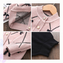 Long Sleeves Fall Winter Bow knot Applique Cardigan With Knitted Flare Pant From 1-6 Years