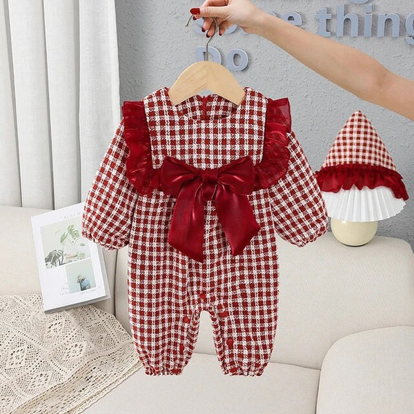 Full Sleeves Overall Checkered Bow Embellished Thick Romper From New Born - 2 Years