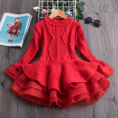 Full Sleeves Crochet Net Fit and Flare Knitted Dress From 2-7 Years