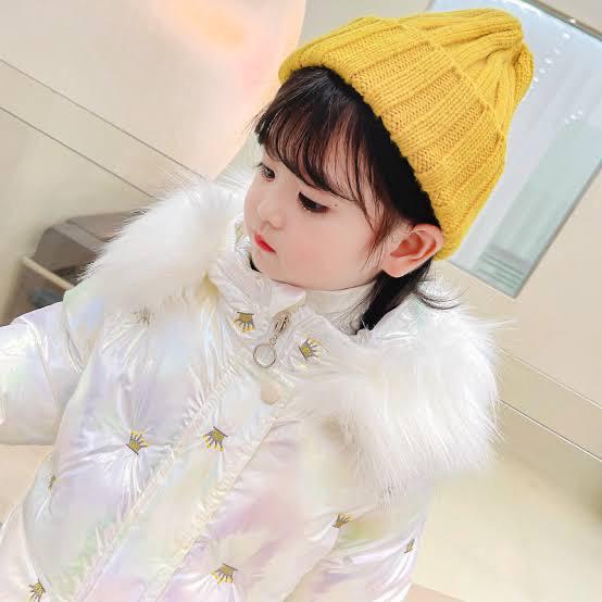 Full Sleeves Solid Padded Crown Foil Print Detachable Faux Fur Trim Long Winter Hooded Jacket From1-6 Years