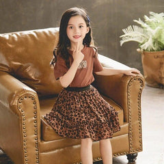 Brown Half Sleeves Slogan Graphic Tee With leopard Print Skirt From 3-9 Years