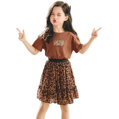 Brown Half Sleeves Slogan Graphic Tee With leopard Print Skirt From 3-9 Years