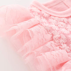 Pink Flutter Sleeves Floral Applique & Net Detailing  Fit & Flare Dress From 3-12 Months