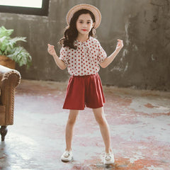 Puff Sleeves Western Style Loose Polka Dot Top & Shorts Set From 3-9 Years