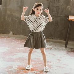 Puff Sleeves Western Style Loose Polka Dot Top & Shorts Set From 3-9 Years