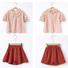 Puff Sleeves Western Style Loose Polka Dot Top & Shorts Set From 3-9 Years