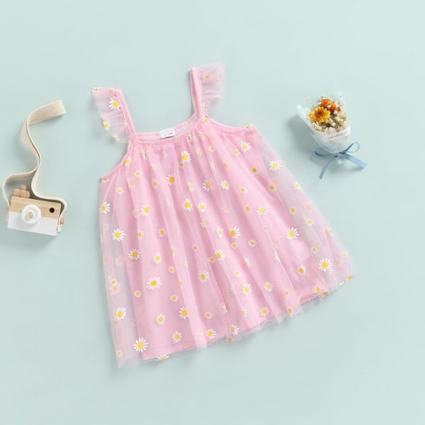 Sleeveless Daisy Floral Overlay Mesh Sling Dress From 3-18 Months