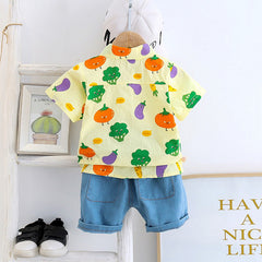 Summer Cool Half Sleeves Printed Shirt with Denim Shorts From 9 Months-4 Years