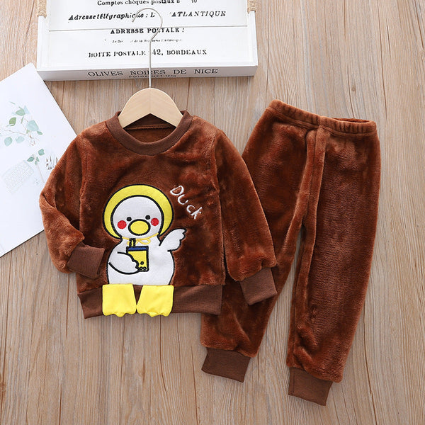 Velvety Brown Winter Wear Track Suit Set Duck Embroidery From 9 Months-6 Years