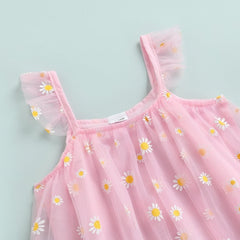 Sleeveless Daisy Floral Overlay Mesh Sling Dress From 3-18 Months