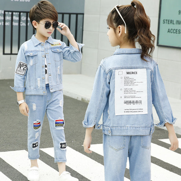 Light Blue Full Sleeves Mild Distressed Printed Patched Work Denim Jacket & Jeans Set For Both Boys & Girls From  3-9 Years