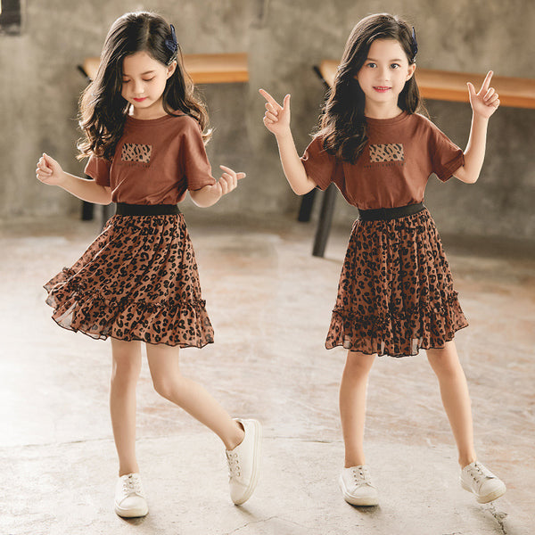 Brown Half Sleeves Slogan Graphic Tee With leopard Print Skirt From 3-9 Years