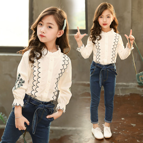 White Full Sleeves Lace Embroidered Shirt With Denim Jeans & Belt From 3-10 Years