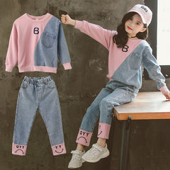 Full Sleeves Colour Blocked Half Denim Autumn Wear Top & Pant Set From 3-9 Years