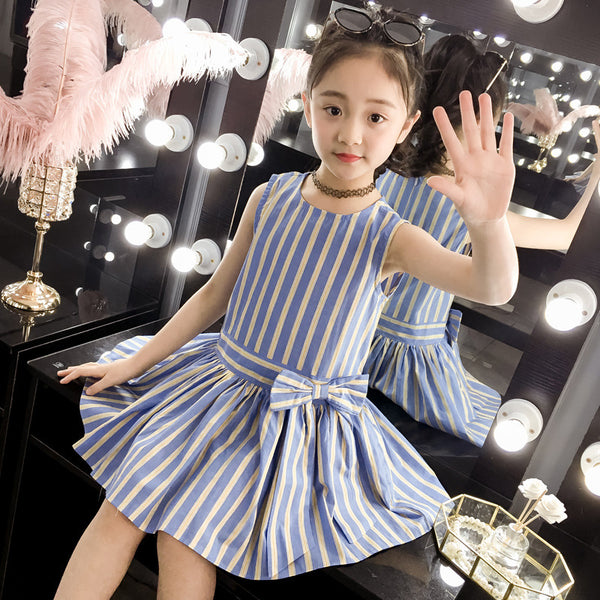 Blue Sleeveless Style Round Neck Bow Attached Striped Pattern Dress From 3-9 Years