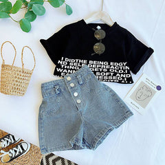 Black Text Print Crop Top & Denim Shorts Set From 3-9 Years