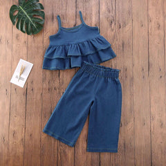 Blue Sleeveless Ruffled Vest Tank Denim Top With Pants From 9 Months-5 Years