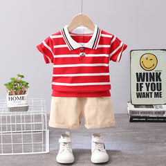 Red Half Sleeves Horizontal Stripes Polo  T-shirt & shorts Sets From 9 Months-4 Years