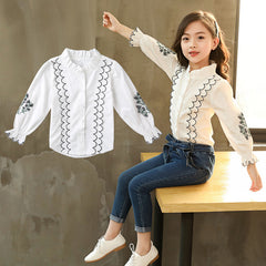 White Full Sleeves Lace Embroidered Shirt With Denim Jeans & Belt From 3-10 Years