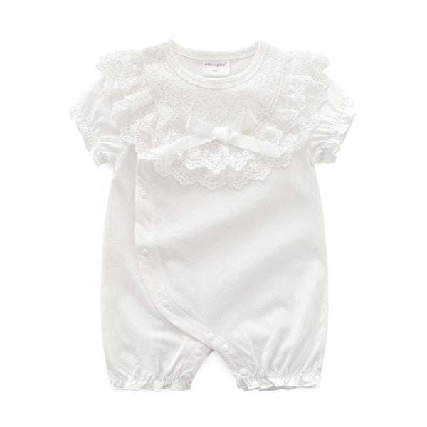 White Puff Sleeves Lace Ruffled Neck Solid Romper From 3-12 Months