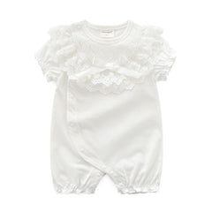 White Puff Sleeves Lace Ruffled Neck Solid Romper From 3-12 Months