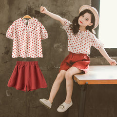 Puff Sleeves Western Style Loose Polka Dot Top & Shorts Set From 3-9 Years