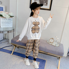 Full Sleeves Bear Print T-shirt With Plaid Print Pants From 3-10 Years