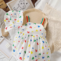 Sweet & Cute Rainbow Wide Shoulder Strap Dress With Cap From 1-5 Years