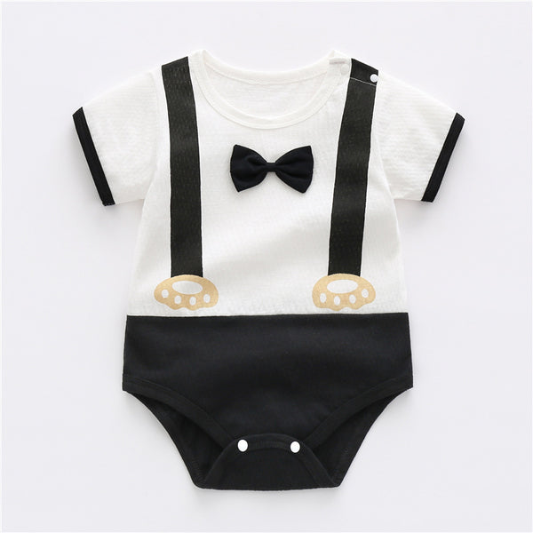 Half Sleeves Bow Tie &   Decor Strap Print  Gentleman Romper From 3-12 Months