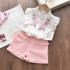 White n Pink Flutter Sleeves Printed Top & Shorts Set From 2-7 Years