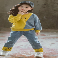 Full Sleeves Colour Blocked Half Denim Autumn Wear Top & Pant Set From 3-9 Years