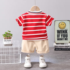 Red Half Sleeves Horizontal Stripes Polo  T-shirt & shorts Sets From 9 Months-4 Years