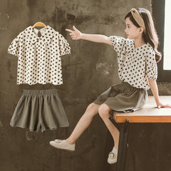 Puff Sleeves Western Style Loose Polka Dot Top & Shorts Set From 3-9 Years