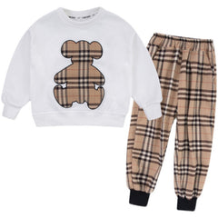 Full Sleeves Bear Print T-shirt With Plaid Print Pants From 3-10 Years