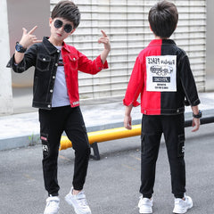 Full Sleeves Red n Black Colourblock Back Printed Denim Shirt & Pant Set From 3-9 Years